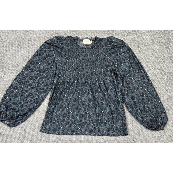Nation Ltd Top Womens Extra Small Blue Floral‎ Marion Babydoll Smocked Tee - Picture 3 of 11